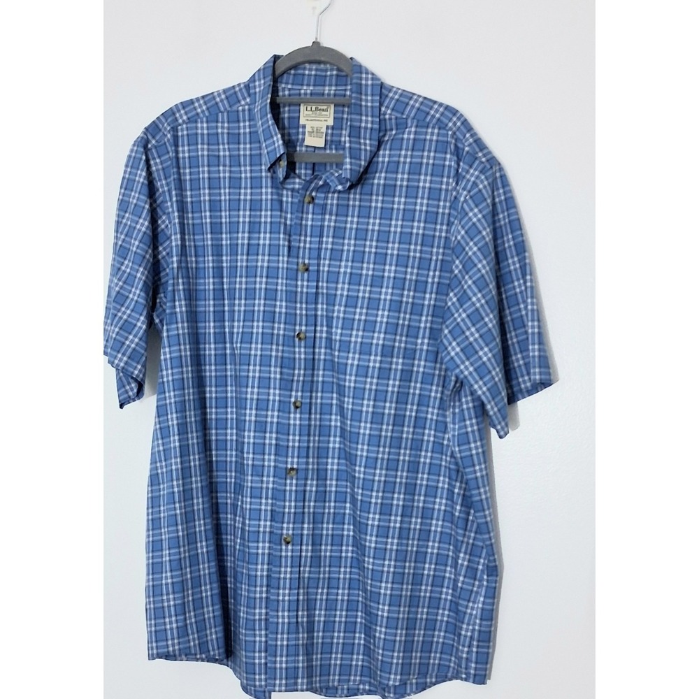 L.L. Bean‎ Shirt Men's Size XL Button Up Blue Plaid Short Sleeve Traditional Fit